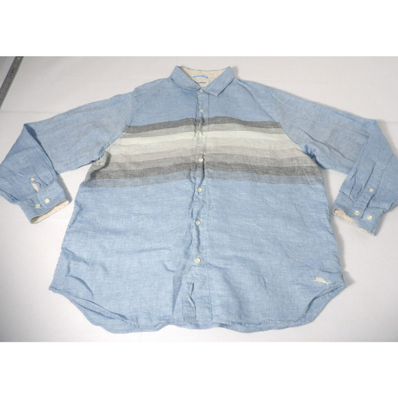 Tommy Bahama XXL Mens Shirt Linen Blue Striped Button Up Casual Vacay Long Sleev - Picture 4 of 13